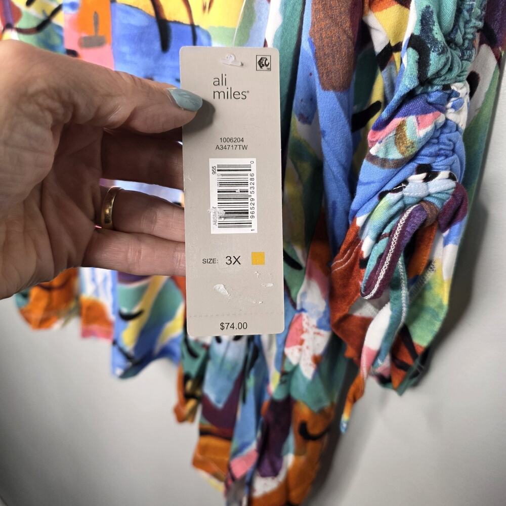 Ali Miles Womens 3X Multicolor Paint Stroke Tunic Top Drawstring Sleeve Artsy V - Picture 8 of 15